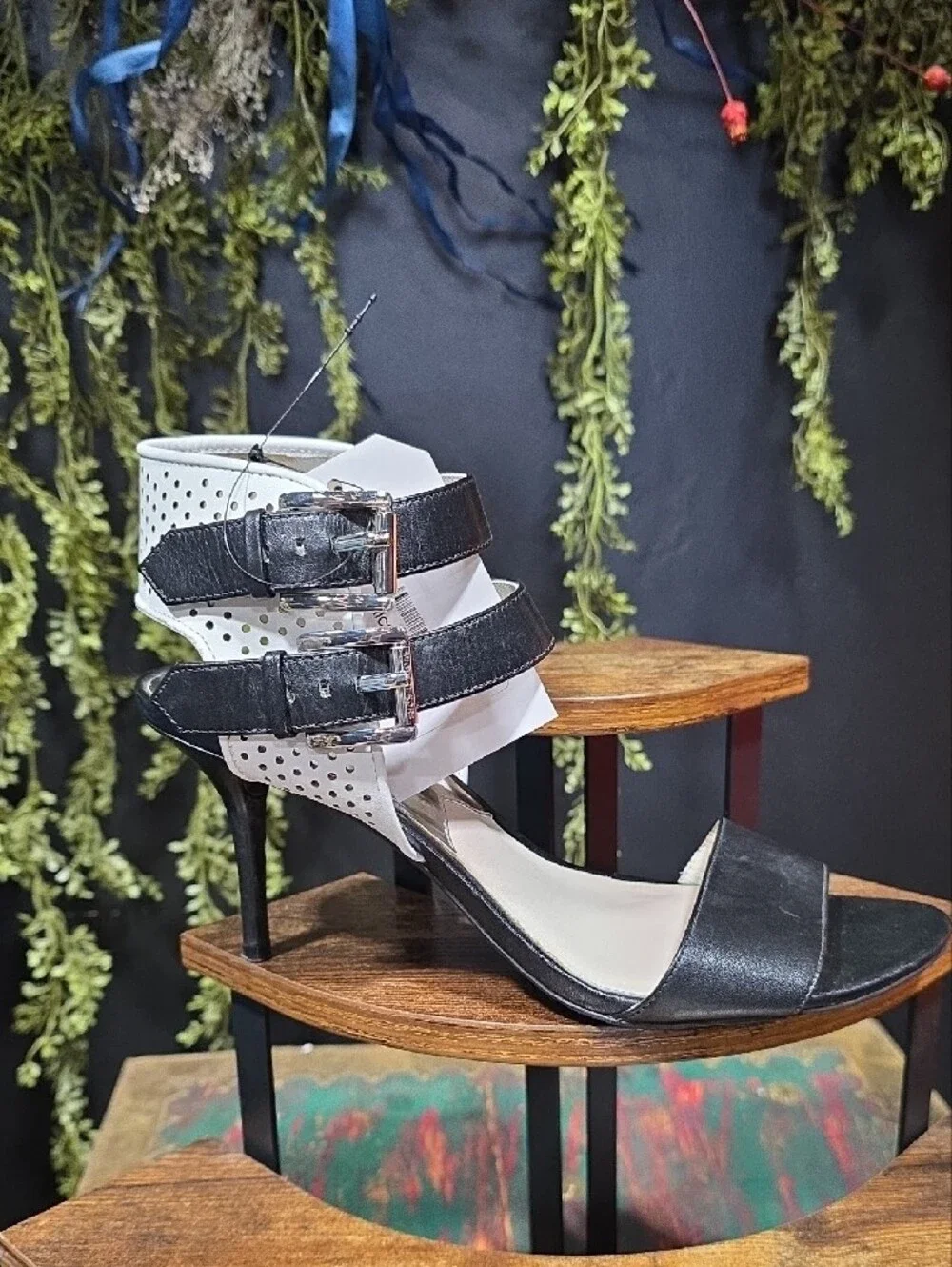 Michael Kors Leather Black and White Perforated Strap Heels